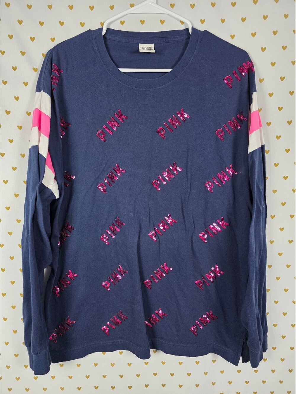 Victorias Secret PINK BLING Logo Tee Shirt Long Sleeve Blue XL